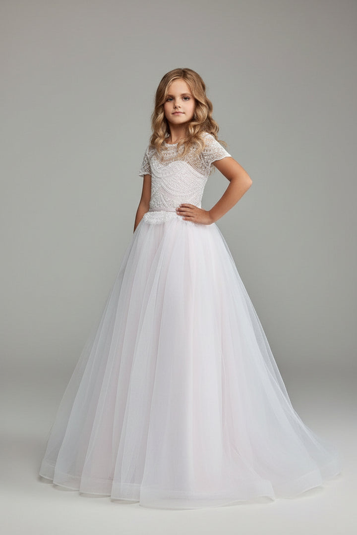First Communion Dresses: Short Sleeve Embellished Communion Dress - Mia Bambina Boutique