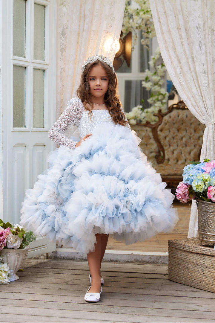 Confirmation Dresses: 3641 Modesto Floor Length First Communion Dress in Tulle with Rhinestone Belt - Mia Bambina Boutique