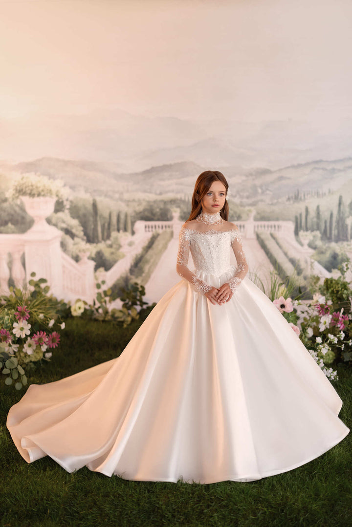 Flower Girl Dresses: Eliora Grace Off-the-Shoulder Satin First Communion Dress - Mia Bambina Boutique