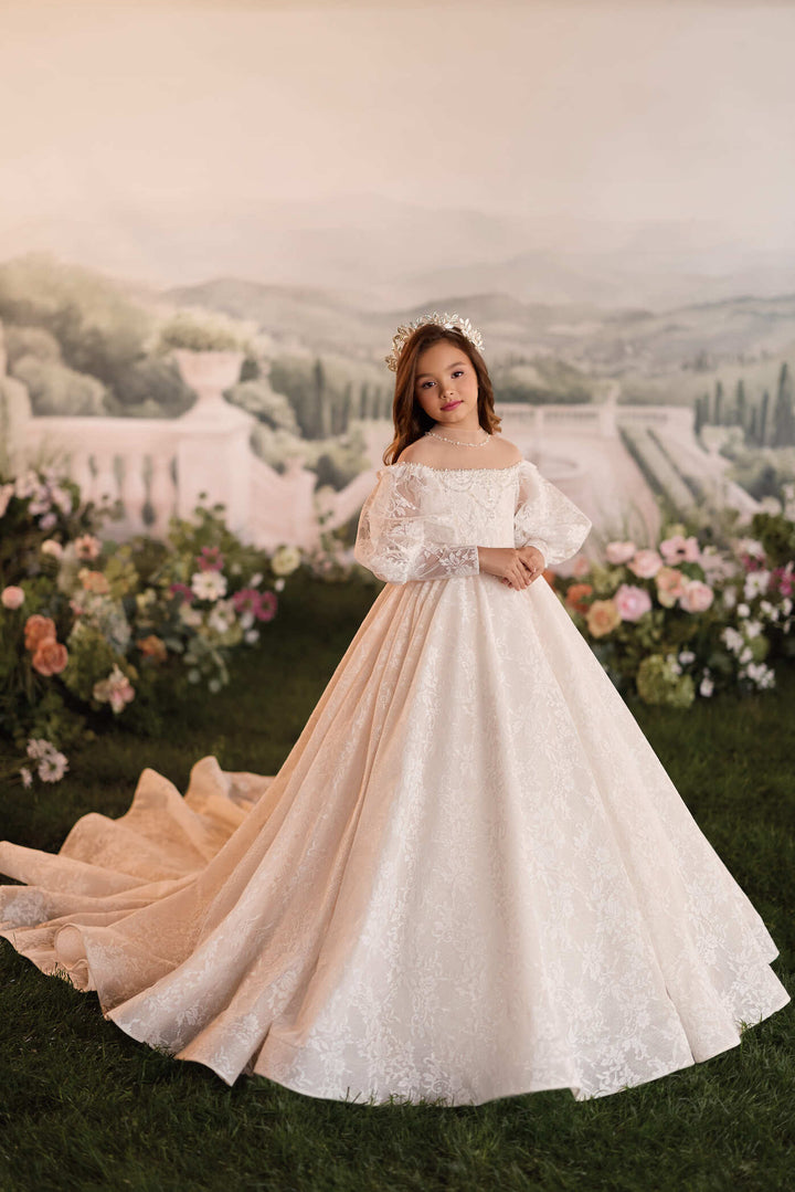 Flower Girl Dresses: Maravelle Pearl Couture First Communion Dress with Lace Sleeves - Mia Bambina Boutique