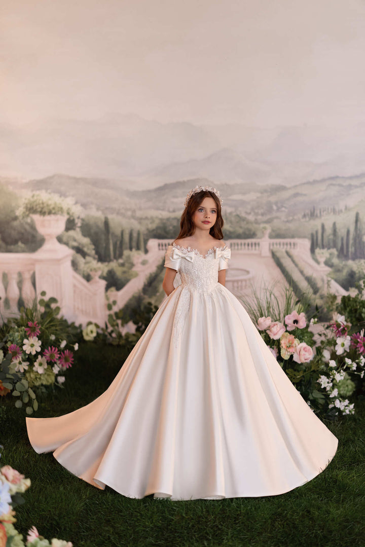 Flower Girl Dresses: Lunaria Blossom Elegant Satin First Communion Dress - Mia Bambina Boutique