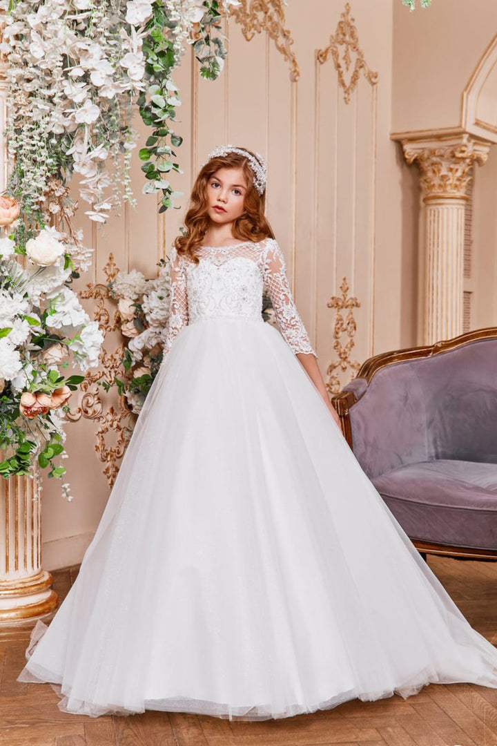 First Communion Dresses: Ivory Lace 1st Communion Dress - Mia Bambina Boutique