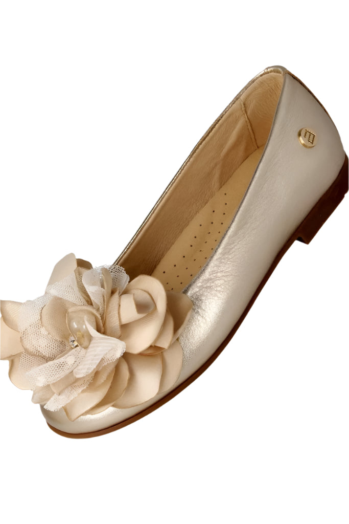 Shoes: Gold Leather Flat Shoes with Flower Brooch - Mia Bambina Boutique