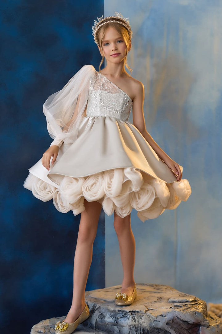 Peek-a-Bloom Communion Dress with asymmetrical neckline