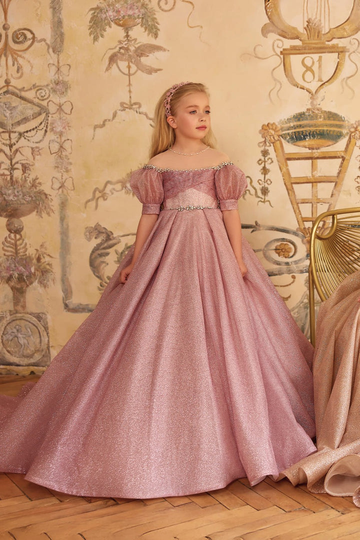 Luxury lilac glitter ball gown for girls featuring puff sleeves and crystal waist detail - Mia Bambina Boutique