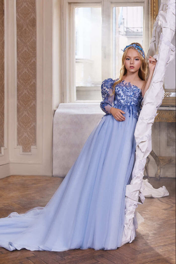 Asymmetric Neckline Pageant Dress with Royal Blue Lace by Mia Bambina Boutique