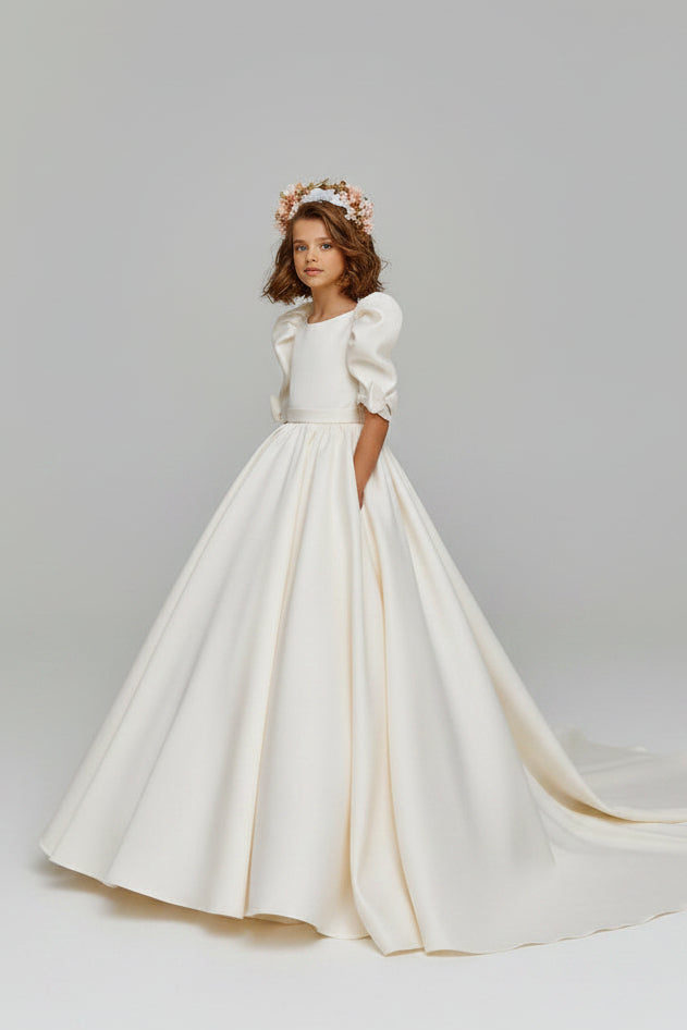 Flower Girl Dresses: Blush Pink Communion Dresses with Bows - Mia Bambina Boutique