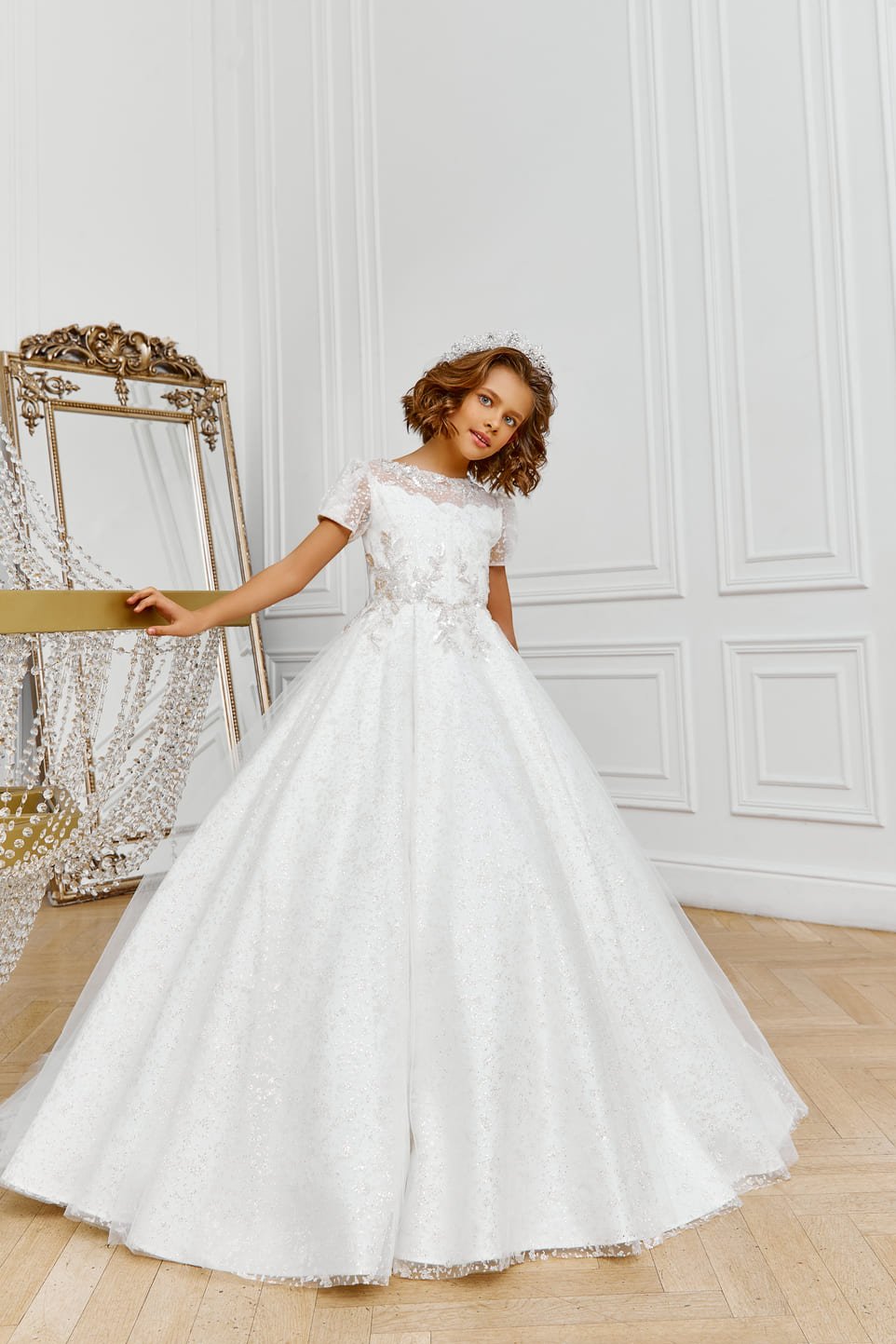 Glitter Tulle Flower Girl Dress Short Sleeves – Mia Bambina Boutique