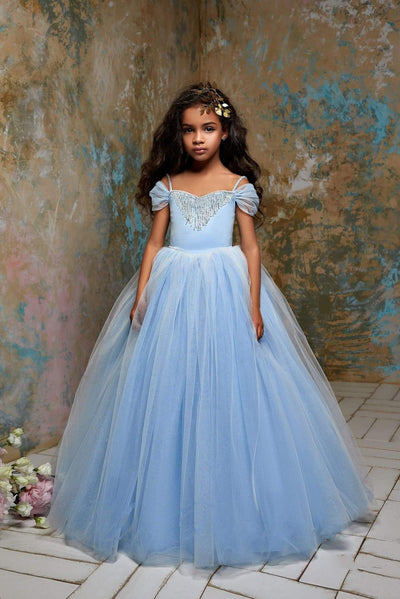 2310 Cinderella Little Girls Open Shoulder Fringe & Glitter Princess Ball Gown - Mia Bambina Boutique