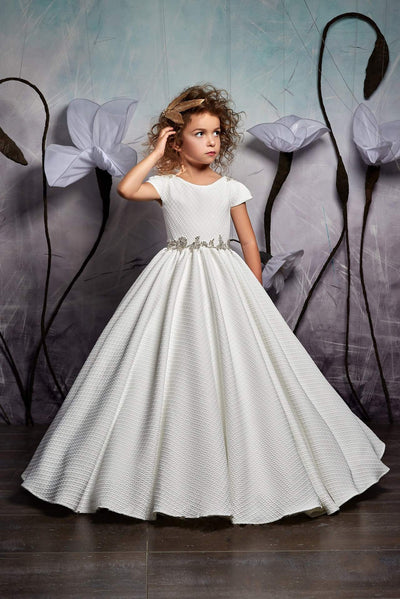 2328 Short Sleeve Rhinestones Belt Maxi Dress with Train - Mia Bambina Boutique