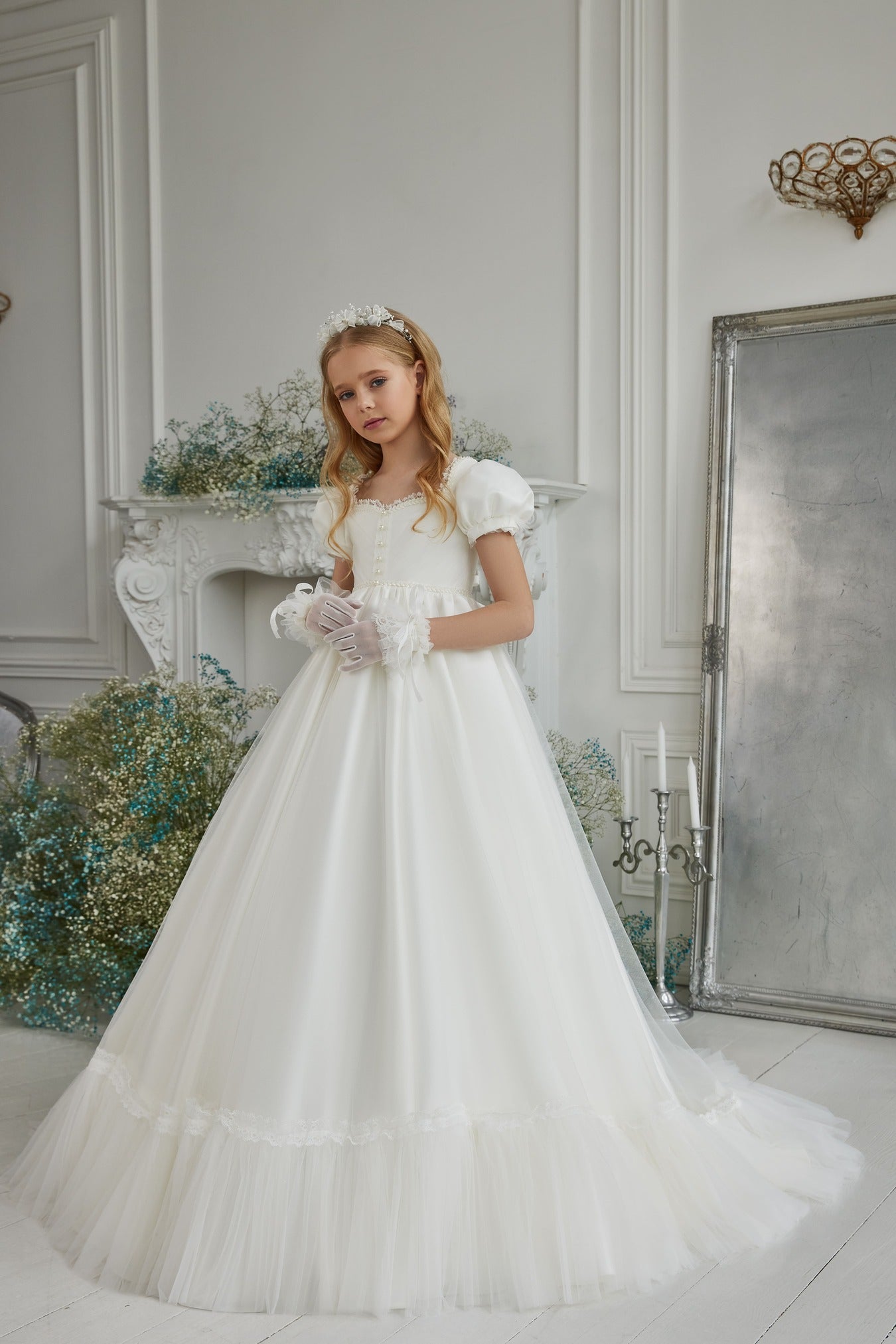 first communion dresses short sleeve Tulle Over Satin Cap Sleeve Communion Dress