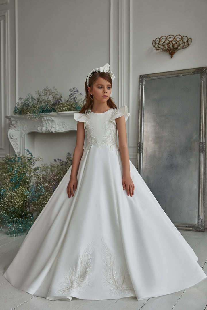 First Communion Dresses: Flutter Sleeve Traditional Dress for Communions - Mia Bambina Boutique