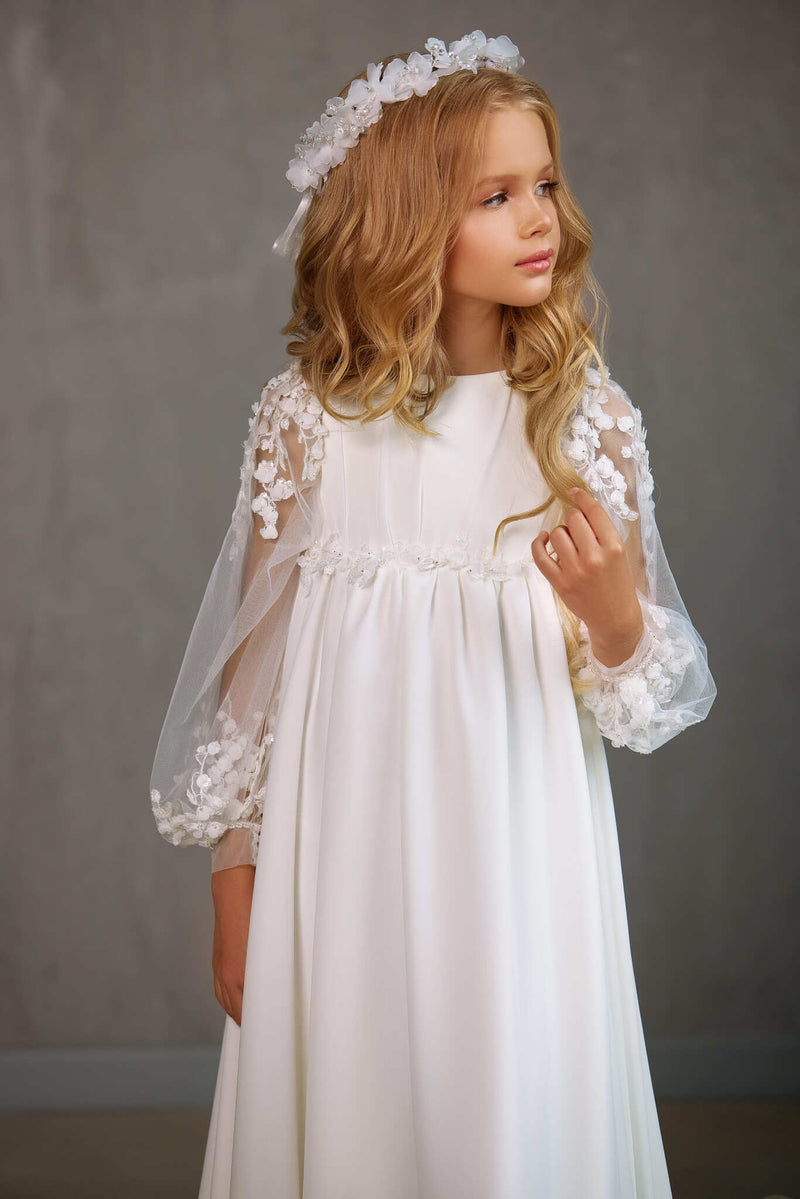 HAMILTON – A-LINE LONG TRAIN COMMUNION DRESS WITH SHEER FLORAL SLEEVES