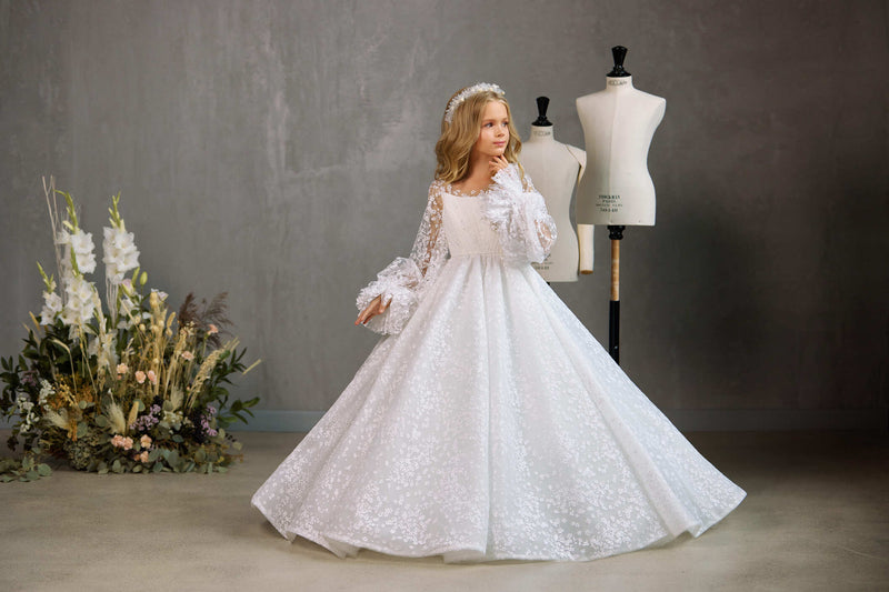 MONTREAL  - ELABORATE COMMUNION DRESS WITH RUFFLED SLEEVES AND LACE DETAIL