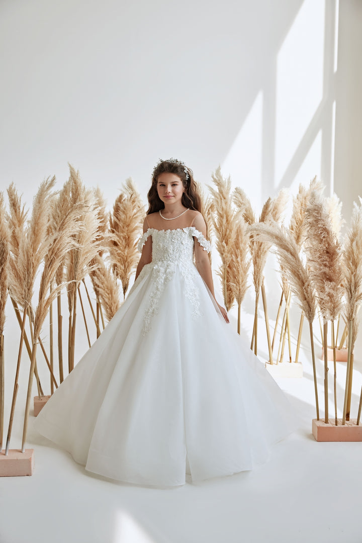 Flower Girl Dresses: Girls Classy Off-Shoulder Tulle Gown for Weddings - Mia Bambina Boutique