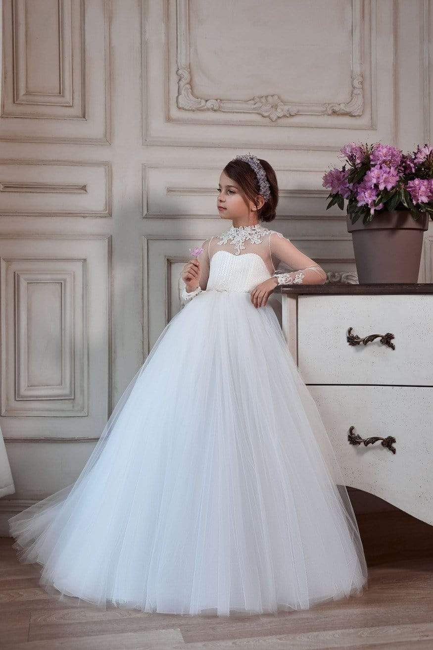 Illusion Lace Sleeve Flower Girl Dress with Bow