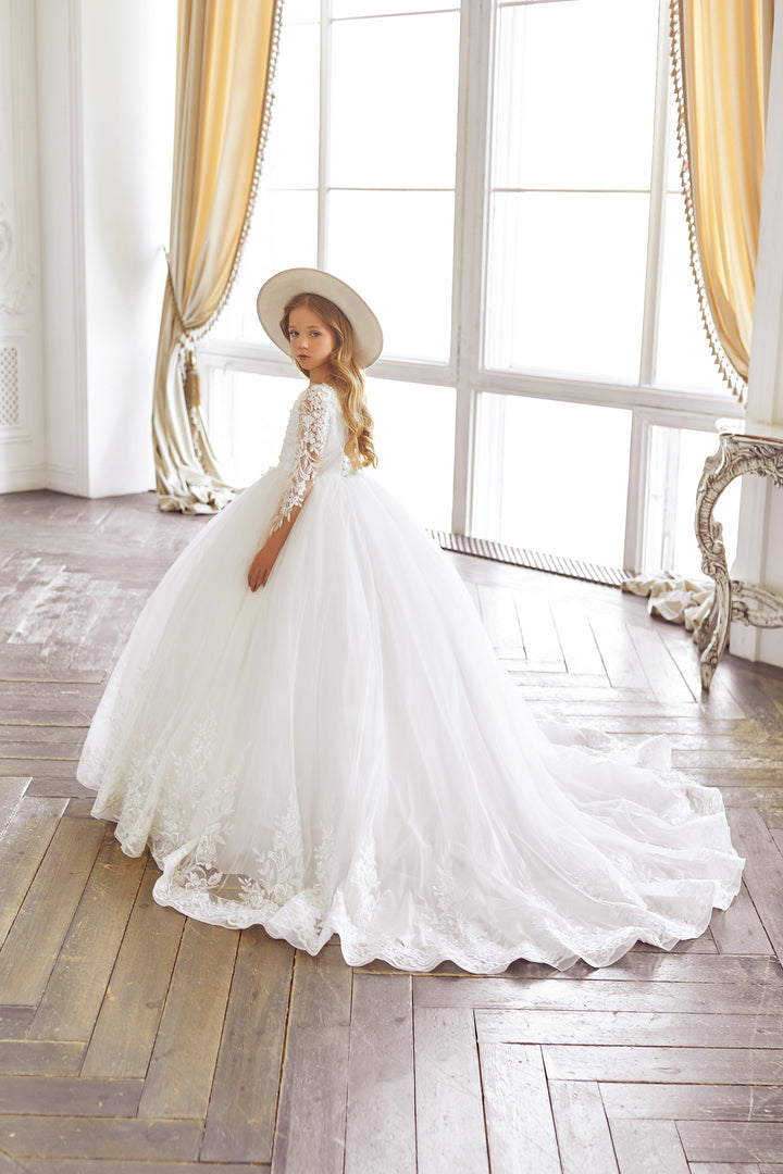 First Communion Dress: Designer Flower Girl Ball Gown in White - Mia Bambina Boutique