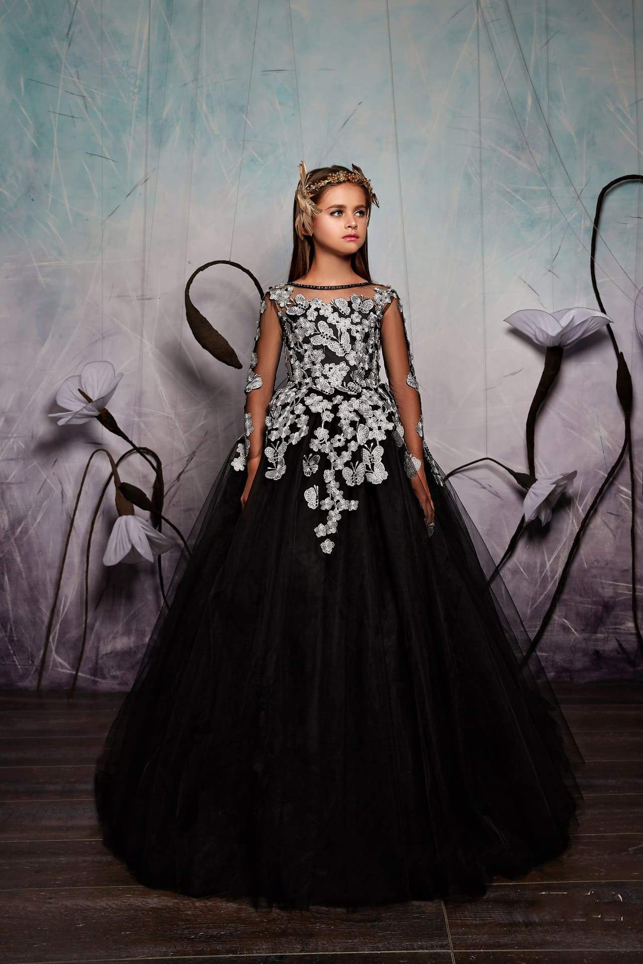 Black Junior Bridesmaid Dress with Gold Lace