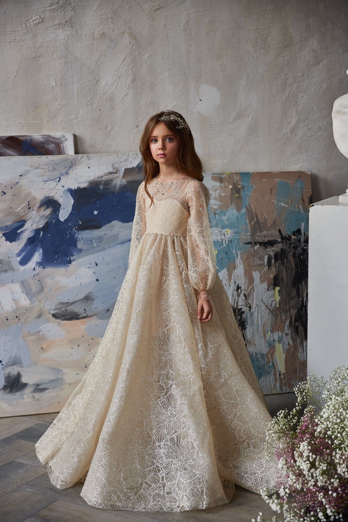 Gold Flower Girl Dress with Long Sleeves Gold Flower Girl Dress with Long Sleeves