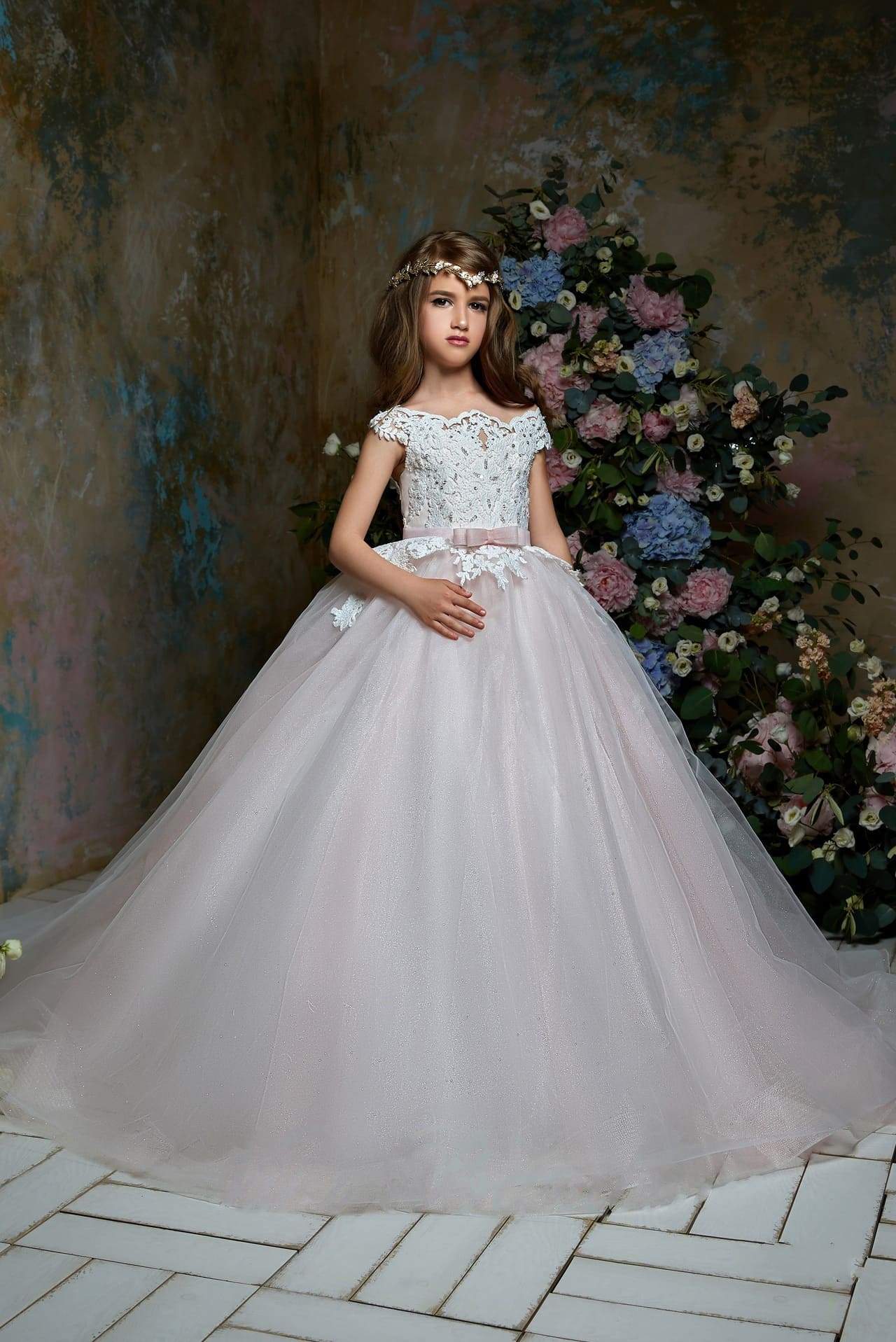 lace flower girl dresses Lace off the shoulder Tulle Flower Girl Dress