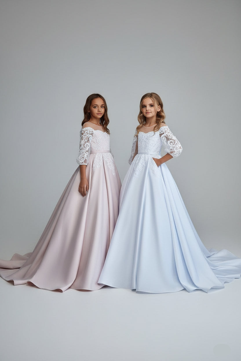 Rosabelle First Communion Dress with Lace Sleeves Pre-order Size 5T-6 / White
