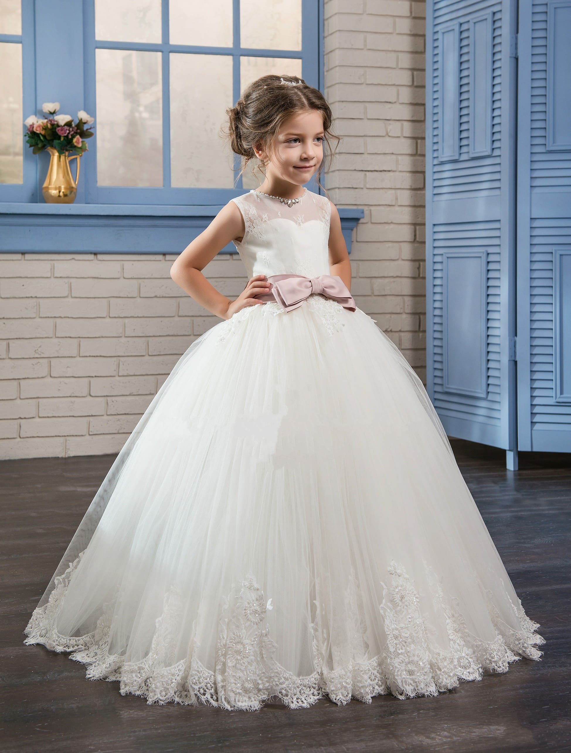 Birthday Dresses: Flower Girl Dress with Pink Bow Sash - Mia Bambina Boutique