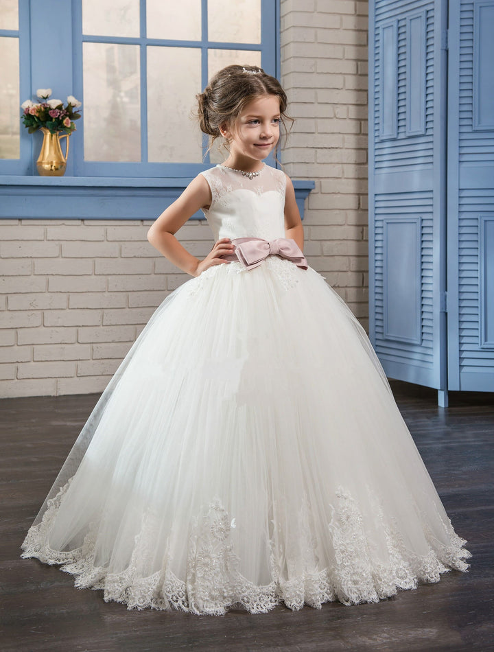 Birthday Dresses: Flower Girl Dress with Pink Bow Sash - Mia Bambina Boutique