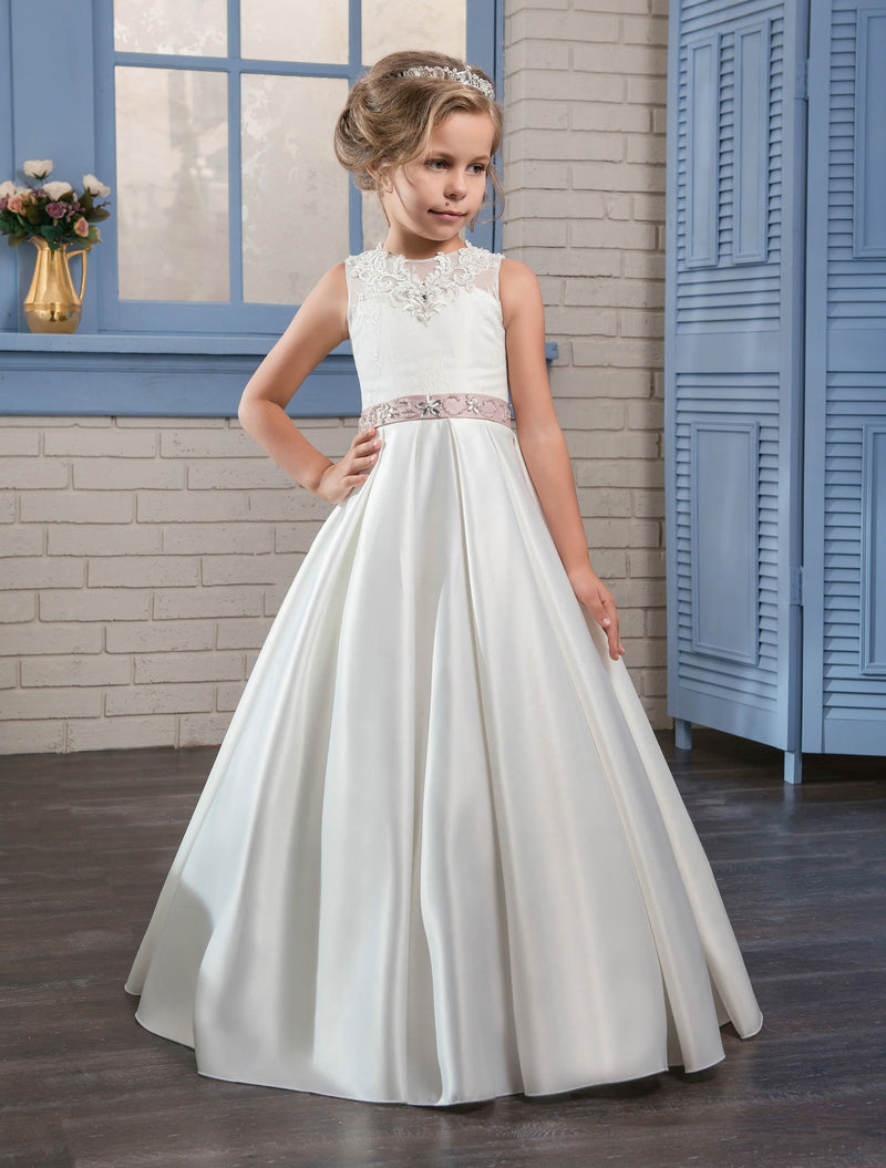 A-line Satin First Communion Dress with pink belt