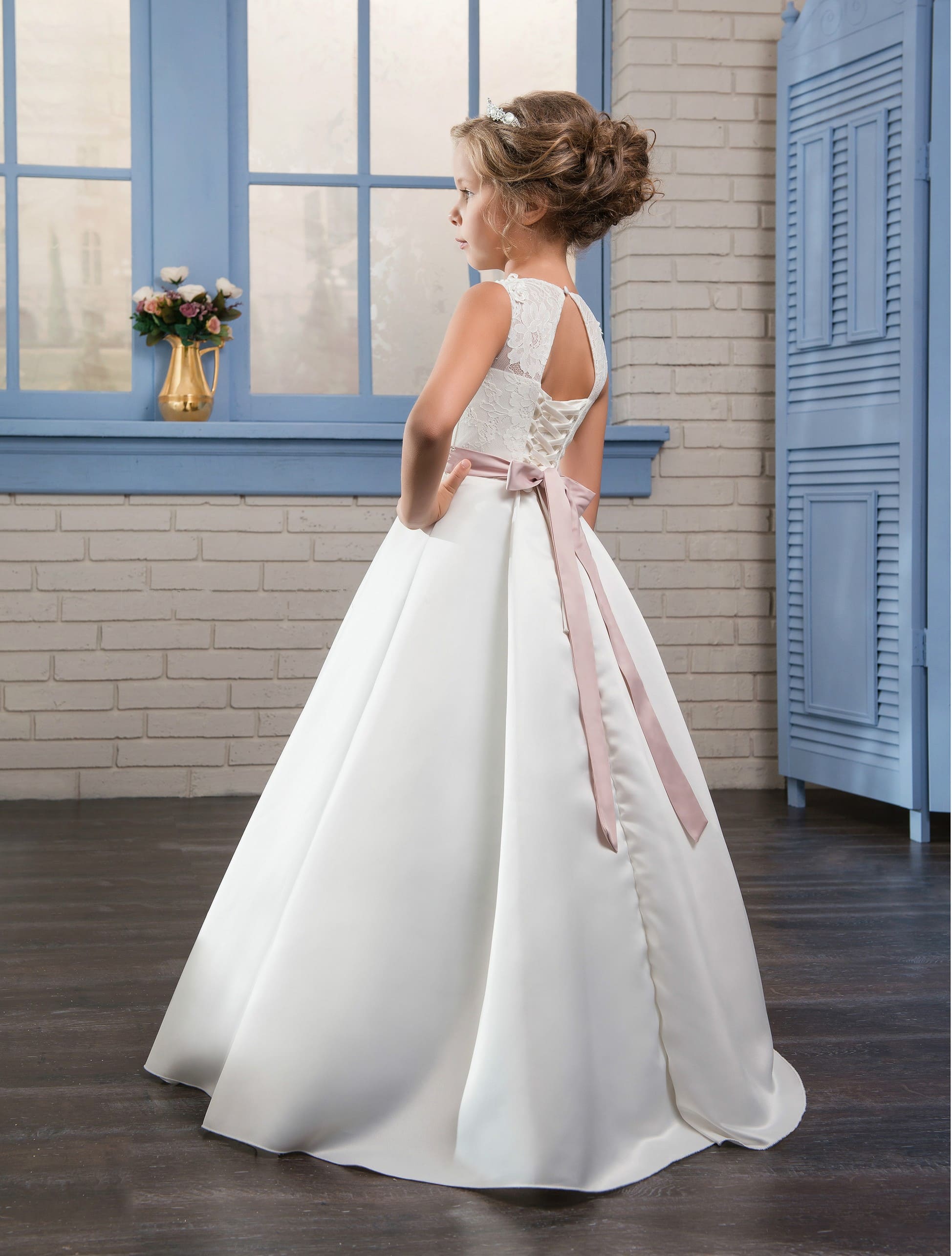 First Communion Dresses: A-line Satin First Communion Dress with pink belt - Mia Bambina Boutique