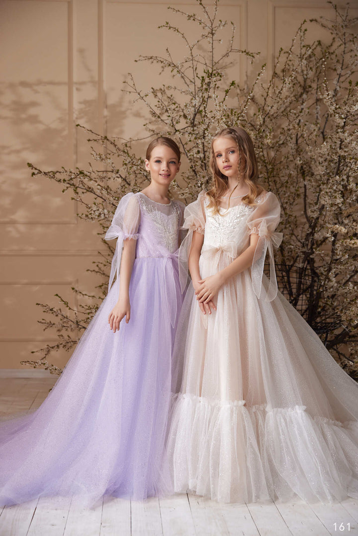 Flower Girl Dresses: Flower Girls Tulle Dress with Bow sleeves - Mia Bambina Boutique