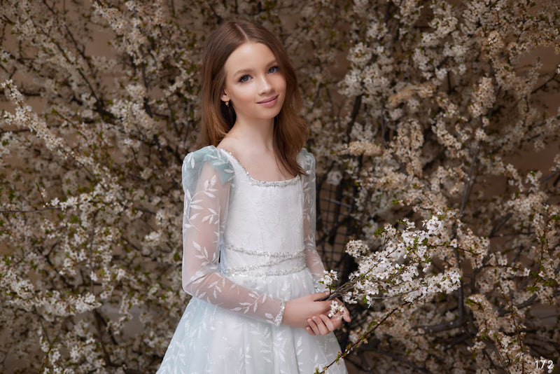 Baptism Dress: Marion Romantic Girl Dress with Long Sleeves - Mia Bambina Boutique