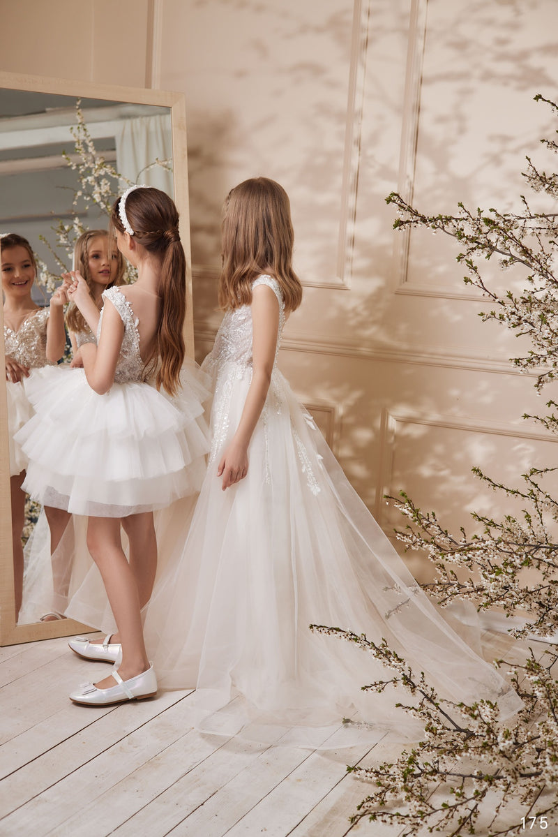 Flower Girl Dresses: Rosana Tulle Lace Illusion Neckline Princess Ball Gown for Flower Girl - Mia Bambina Boutique