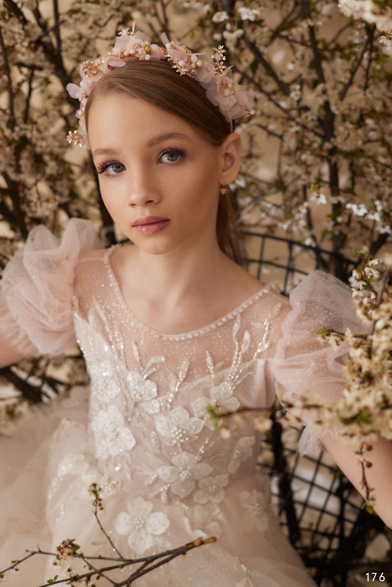 April Glitter Tulle Flower Girl Dress with Puff Sleeves