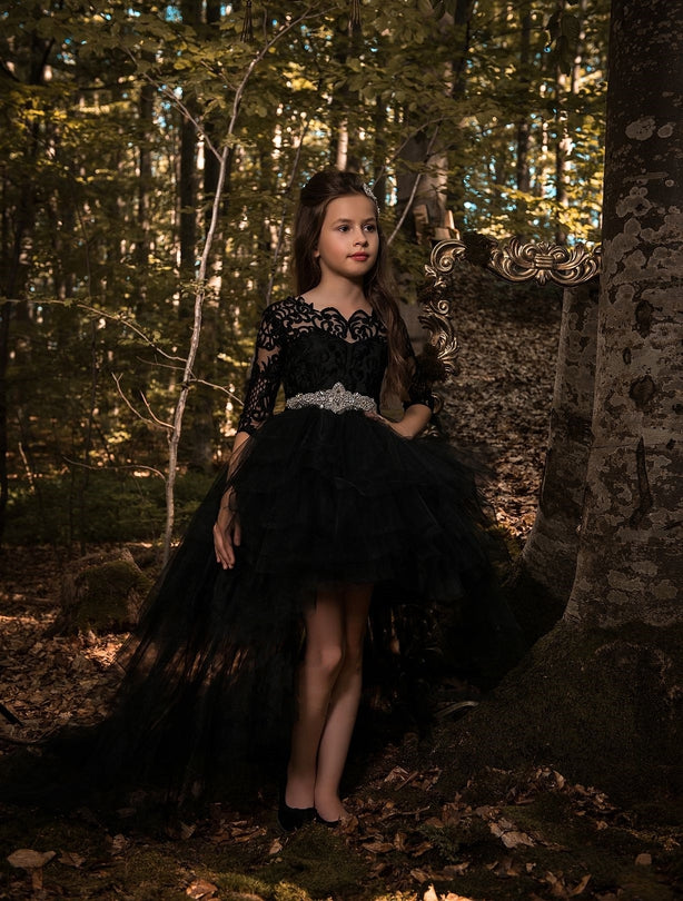 Riga - Long Flower Girl Dress with Black Lace