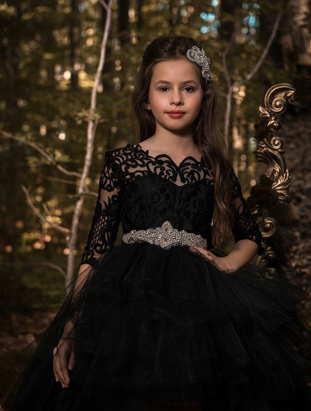 Flower Girl Dresses: Riga - Long Flower Girl Dress with Black Lace - Mia Bambina Boutique
