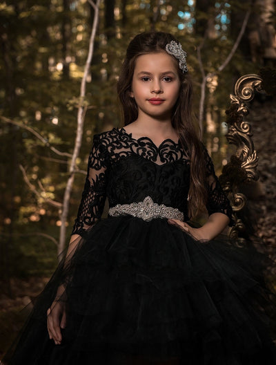 Riga - Long Flower Girl Dress with Black Lace