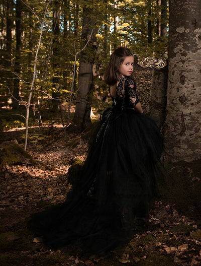 Riga - Long Flower Girl Dress with Black Lace