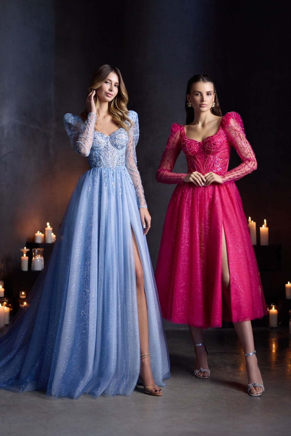 Prom Dresses: Stella Glitter Tulle Prom Dress with Illusion Sleeves - Mia Bambina Boutique