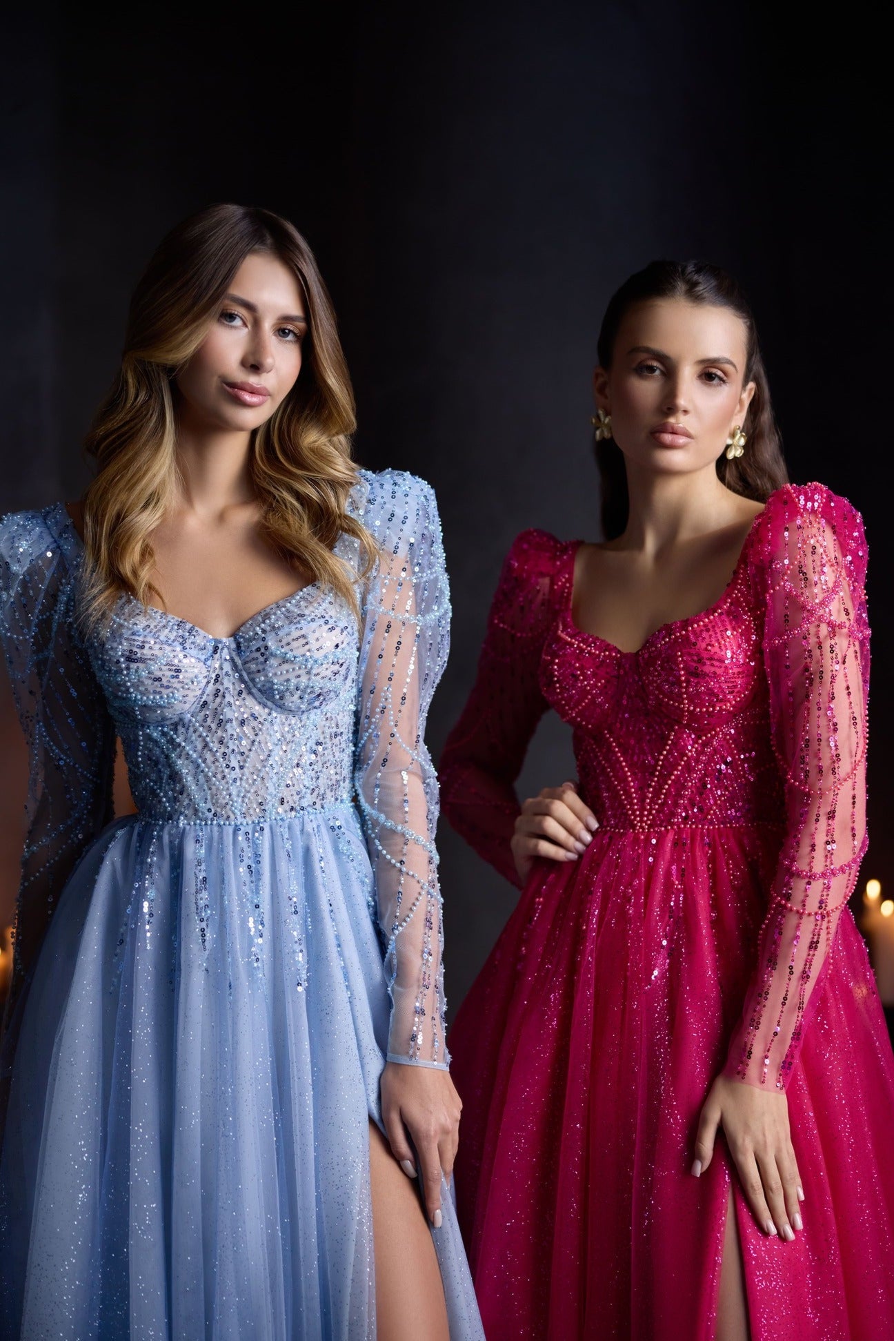 Prom Dresses: Stella Glitter Tulle Prom Dress with Illusion Sleeves - Mia Bambina Boutique