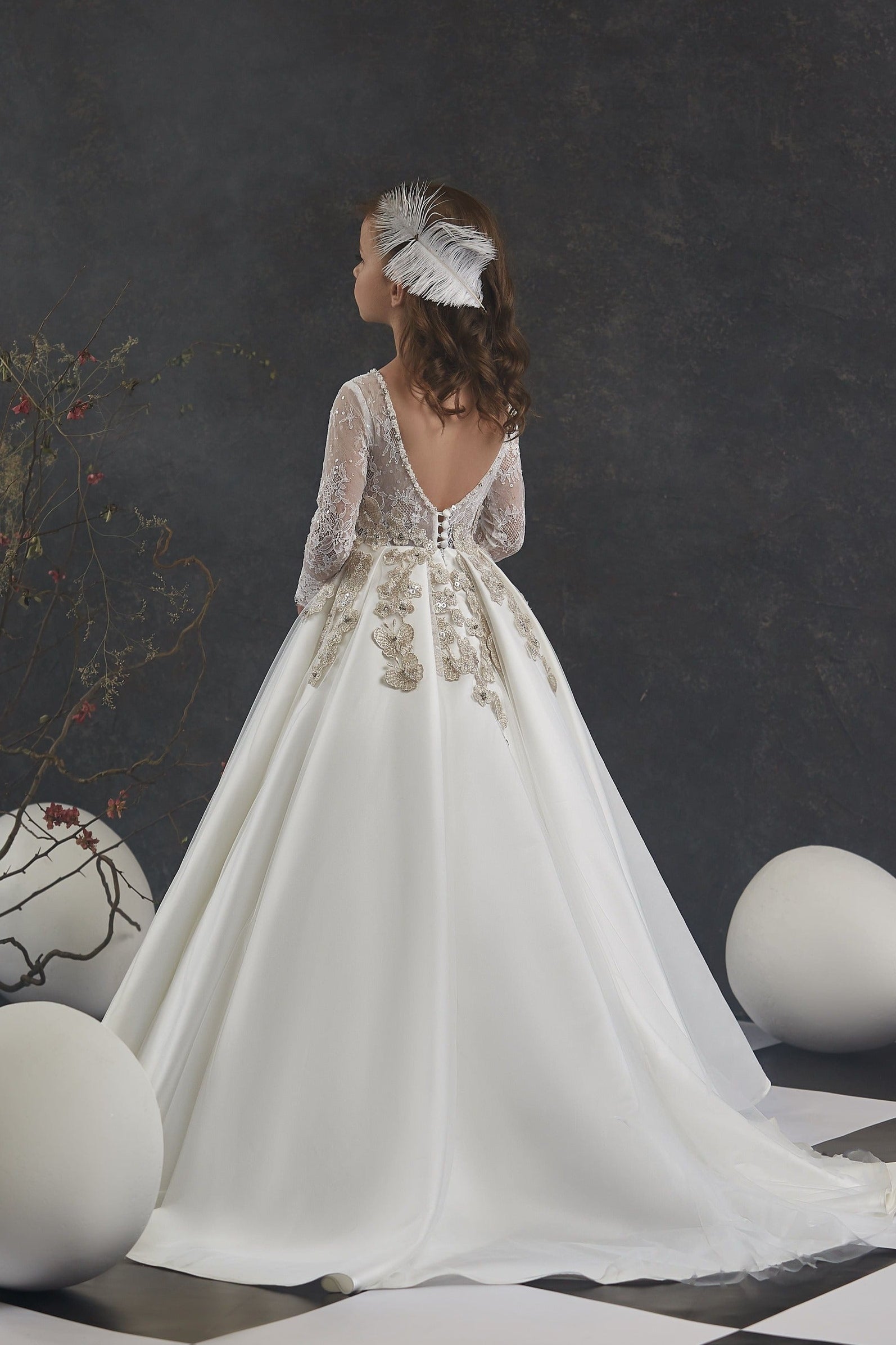 Flower Girl Dresses: Off-White Open Back Girls Dress with Gold embroidery flowers - Mia Bambina Boutique
