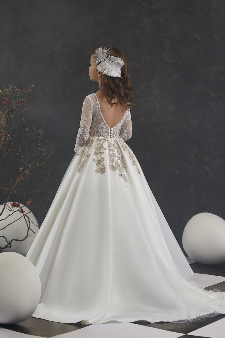 Flower Girl Dresses: Off-White Open Back Girls Dress with Gold embroidery flowers - Mia Bambina Boutique