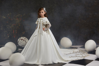 Off-White Open Back Girls Dress with Gold embroidery flowers