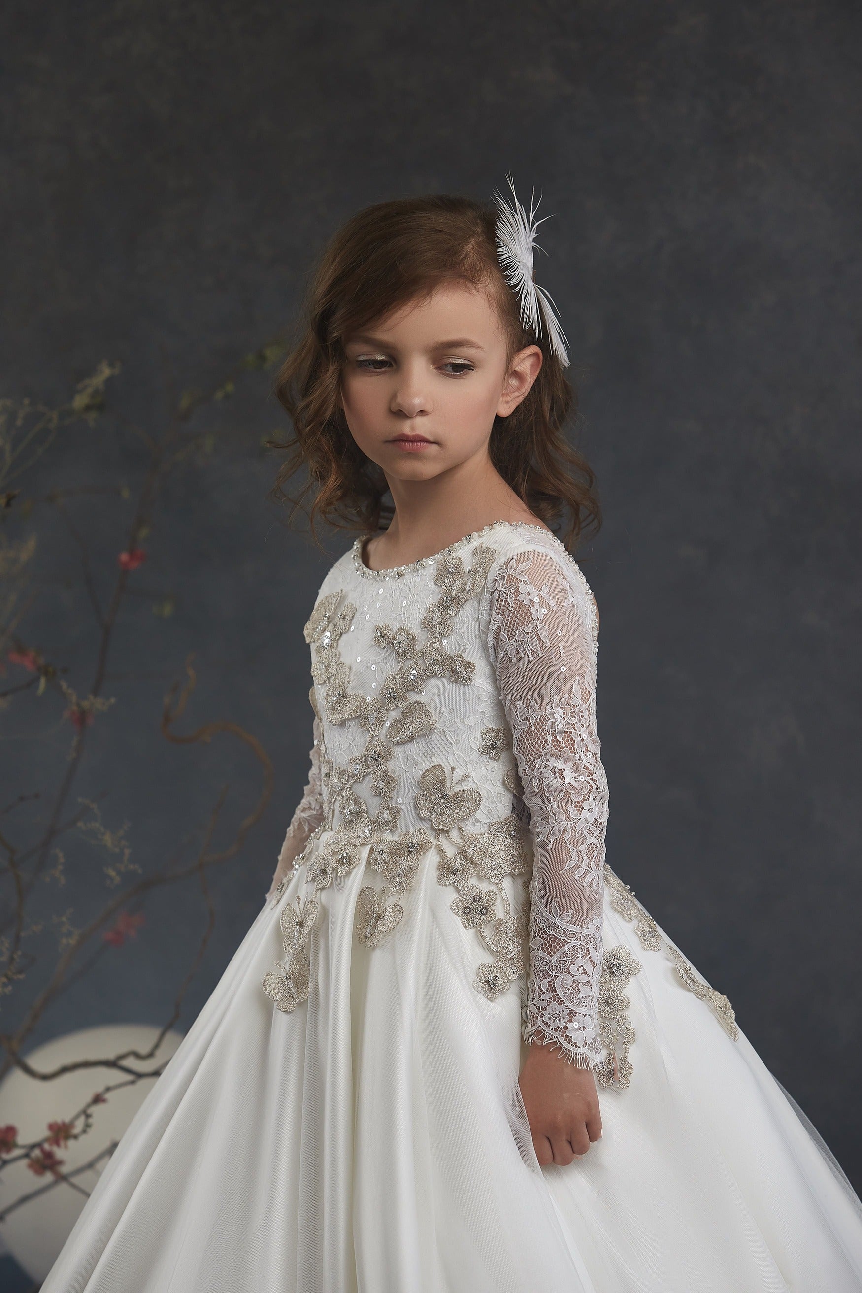 Flower Girl Dresses: Off-White Open Back Girls Dress with Gold embroidery flowers - Mia Bambina Boutique