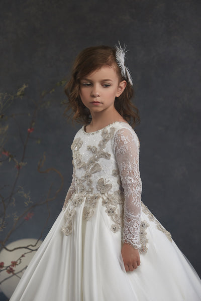 Off-White Open Back Girls Dress with Gold embroidery flowers