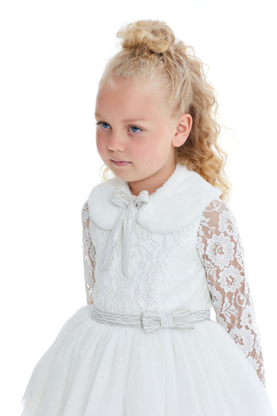 Anabel Girls White Party Dress with fur collar