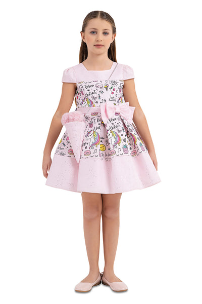 Girls Pink Unicorn Print Summer Dress