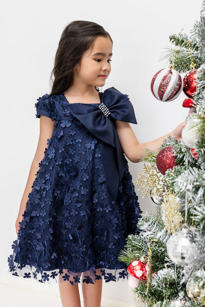 Kids' Navy Trapeze Party Dress with a Bow in Sizes 3T-7