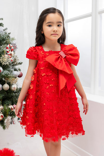 Kids' Red Trapeze Party Dress with a Bow in Sizes 3T-7