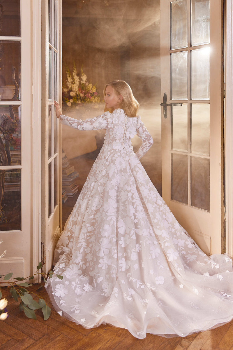Flower Girl Dresses: Astoria Floral Lace Dress with Long Sleeves - Mia Bambina Boutique