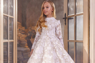 Flower Girl Dresses: Astoria Floral Lace Dress with Long Sleeves - Mia Bambina Boutique